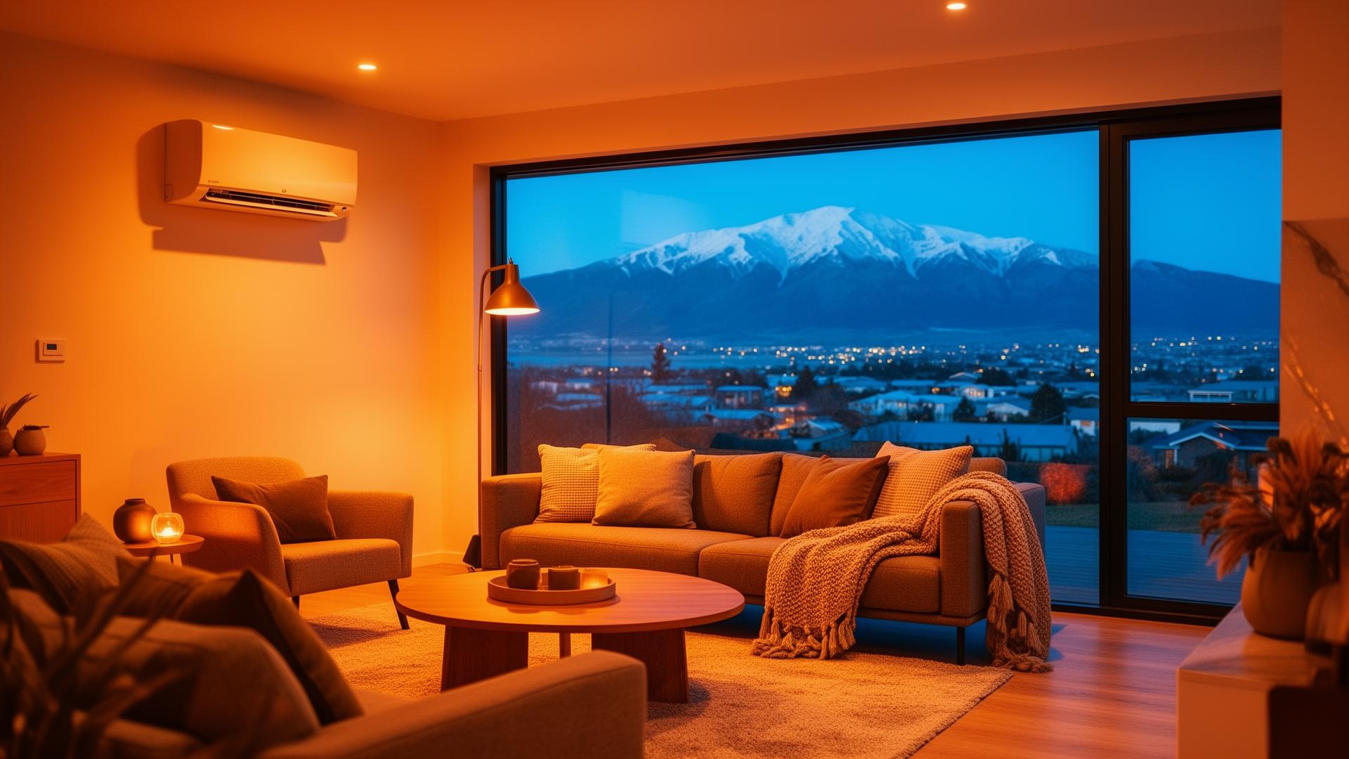Cozy Christchurch living room kept warm by a heat pump